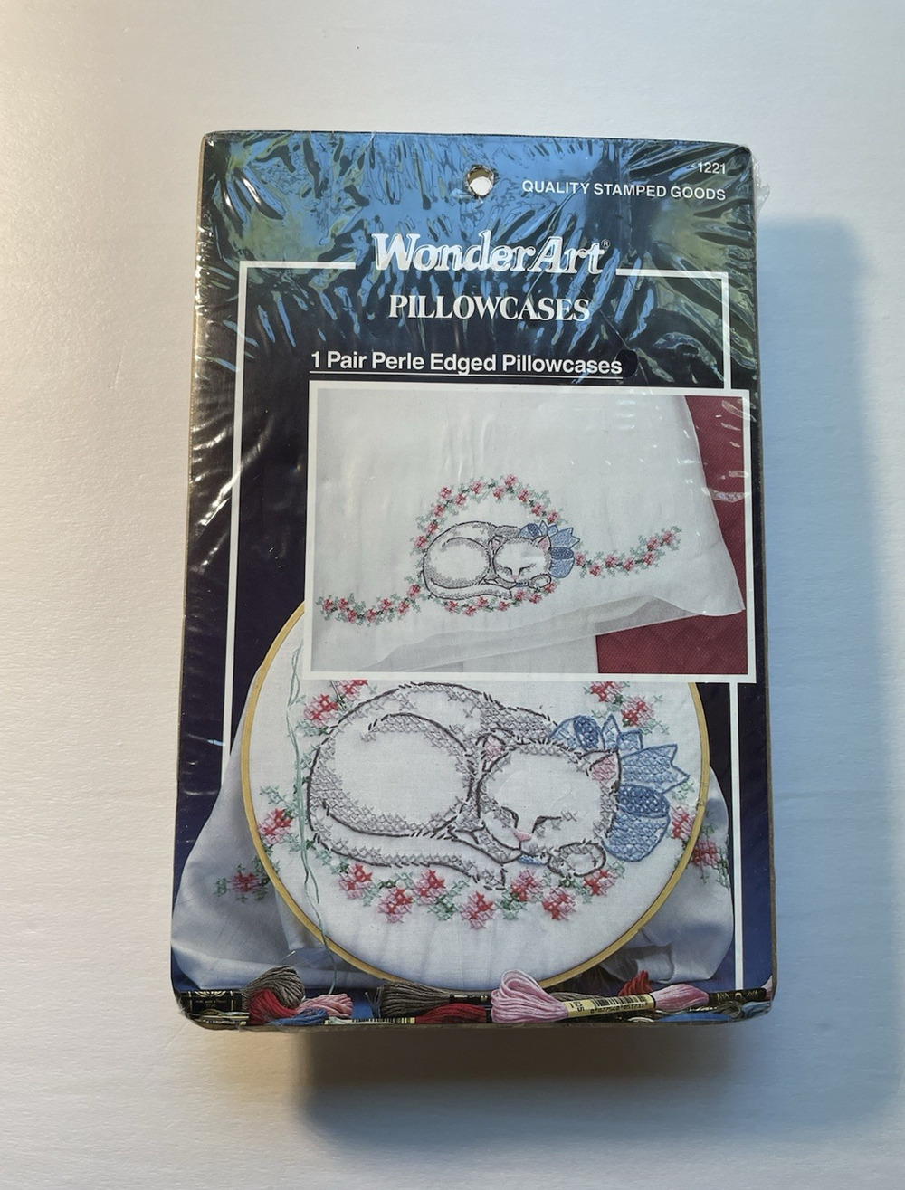 VTG WonderArt Cross Stitch Pillowcases "Sleeping Kitten" 1 Pair 20"x30" NIP